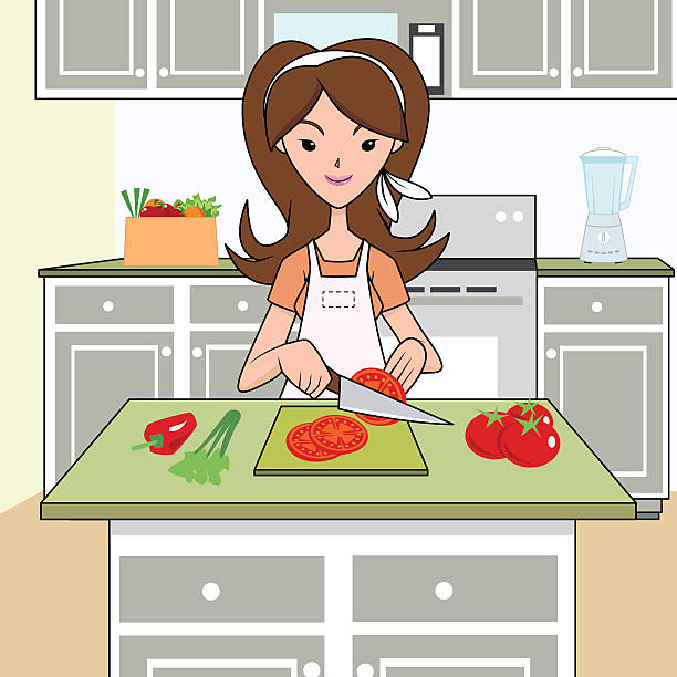 ilustrações de stock, clip art, desenhos animados e ícones de mulher preparar alimentos saudáveis - woman chopping vegetables