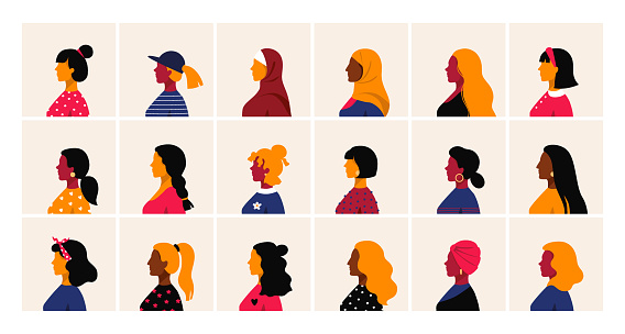 Woman profile. Female head side view, minimal cartoon faces. Cute people with haircuts and hairstyles. Modern collection of different girl avatars, square banners set. Vector trendy human portraits