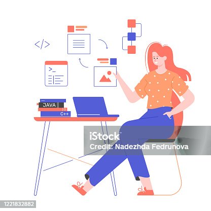 istock Woman programmer is sitting at a desk. Education and work in the information technology. Writing code and developing programs. Work process and new project. Vector flat illustration. 1221832882
