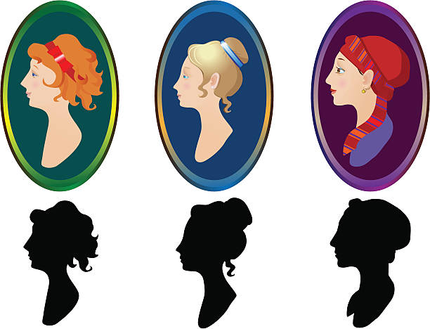 woman protiles with frames woman protiles with frames on white background cameo brooch stock illustrations