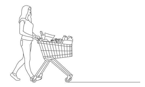 Woman pushing a shopping cart with groceries Woman pushing a shopping cart with groceries. Line drawing vector illustration. shopping drawings stock illustrations