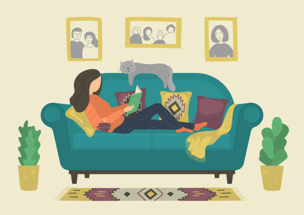 ilustrações de stock, clip art, desenhos animados e ícones de woman reading book on sofa - book cat