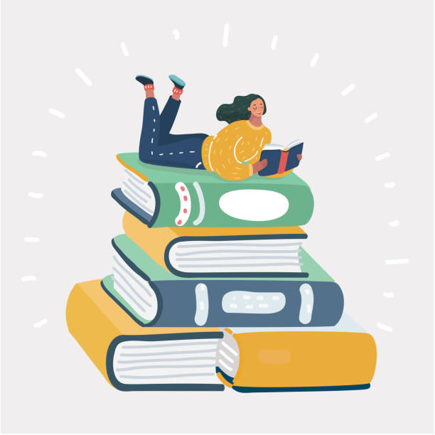 ilustrações de stock, clip art, desenhos animados e ícones de woman reading book on stack of book - reading book