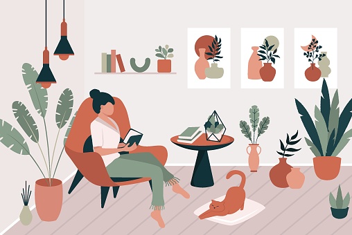 Woman reading book. Relaxed female sitting in comfortable chair, cozy room interior with plants, cat. Flat vector illustration
