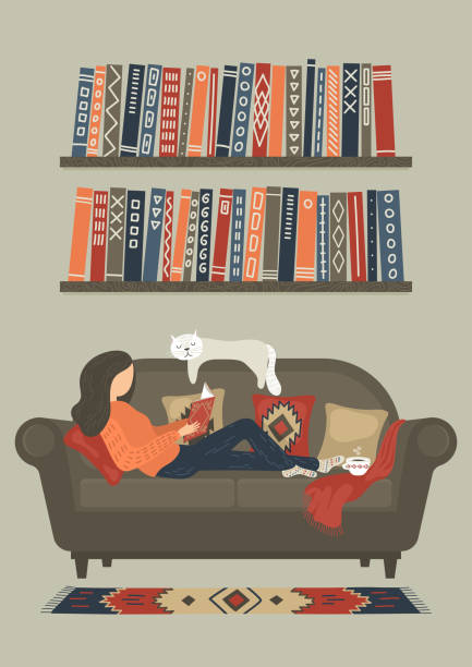 ilustrações de stock, clip art, desenhos animados e ícones de woman reading book - book cat