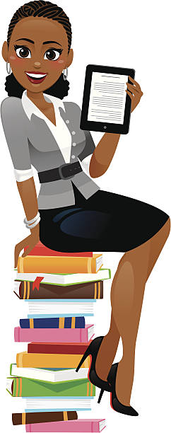 Woman Reading Electronic Book A beautiful African American woman sitting on a stack of books reading a book on her electronic device. Replace the "text" with your own image. heyheydesigns stock illustrations