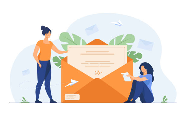 Woman receiving mail and reading letter Woman receiving mail and reading letter. Person getting contract with signature out of envelope. Flat vector illustration for email, message, communication concept correspondence stock illustrations