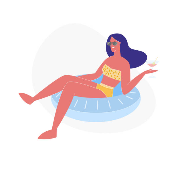 ilustrações de stock, clip art, desenhos animados e ícones de woman relax on resort, floating at inflatable ring - chalana