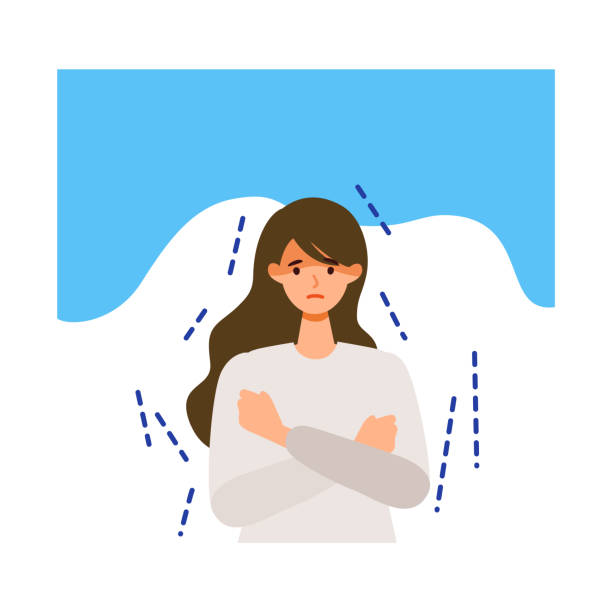 Woman shivering after getting her COVID-19 vaccine. Concept for side effects of coronavirus vaccine. Woman shivering after getting her COVID-19 vaccine. Concept for side effects of coronavirus vaccine. Flat vector illustration. cold temperature illustrations stock illustrations