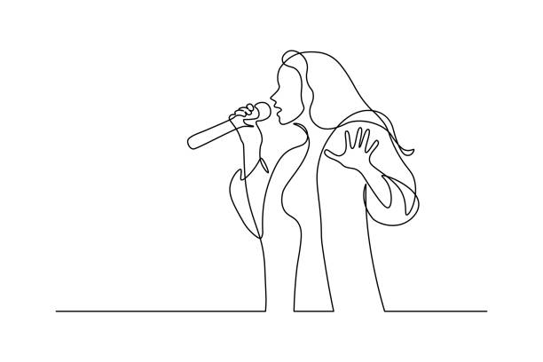 Woman singer Singer in continuous line art drawing style. Young woman holding microphone and singing. Black linear sketch isolated on white background. Vector illustration women drawings stock illustrations