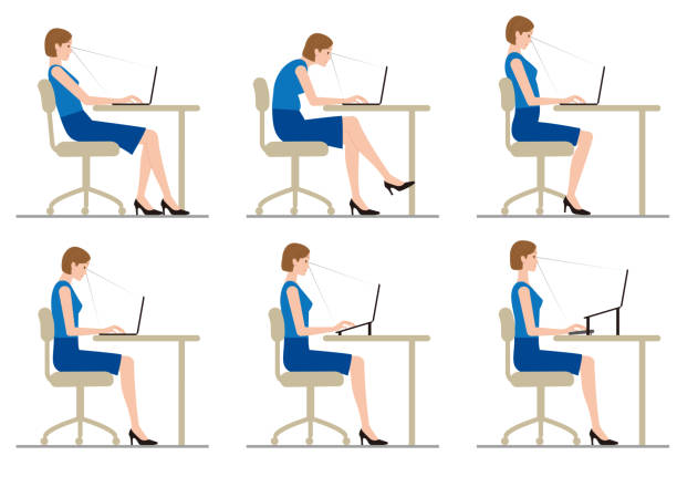 ilustrações de stock, clip art, desenhos animados e ícones de a woman sits down and works at a laptop. posture. - business man shoes on desk