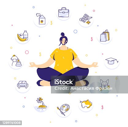 istock Woman sitting in yoga lotus pose and meditating. Human needs icons. Life balance concept. 1289761008