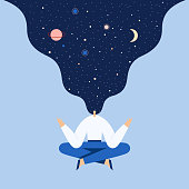 Woman sitting in yoga lotus pose. Modern cartoon female character doing asana and meditate. Night starry sky and moon in hair, space exploring, universal harmony. Vector flat illustration.