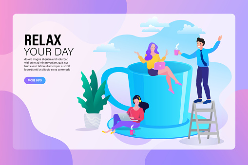 Woman sitting on a cup of tea or coffee. Coffee break in office. Couple spending time or relaxing together. enjoy free time. Vector flat style cartoon illustration.