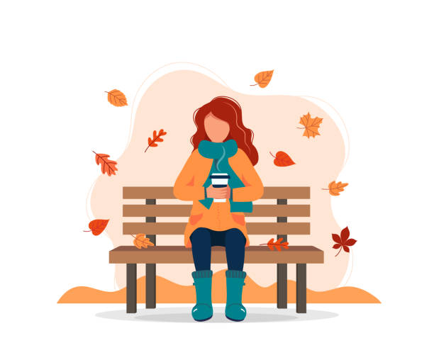 stockillustraties, clipart, cartoons en iconen met vrouw zittend op bankje in de herfst met koffie. vector illustratie in platte stijl - koffie nederland
