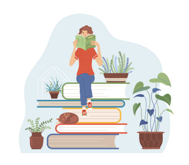ilustrações de stock, clip art, desenhos animados e ícones de woman sitting on books pile and reading a book about gardening - book cat
