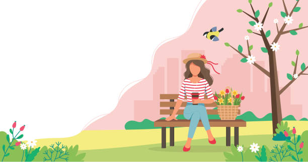 stockillustraties, clipart, cartoons en iconen met de zitting van de vrouw op de bank met de lentebloemen in mand. leuke vectorillustratie in vlakke stijl. - koffie nederland