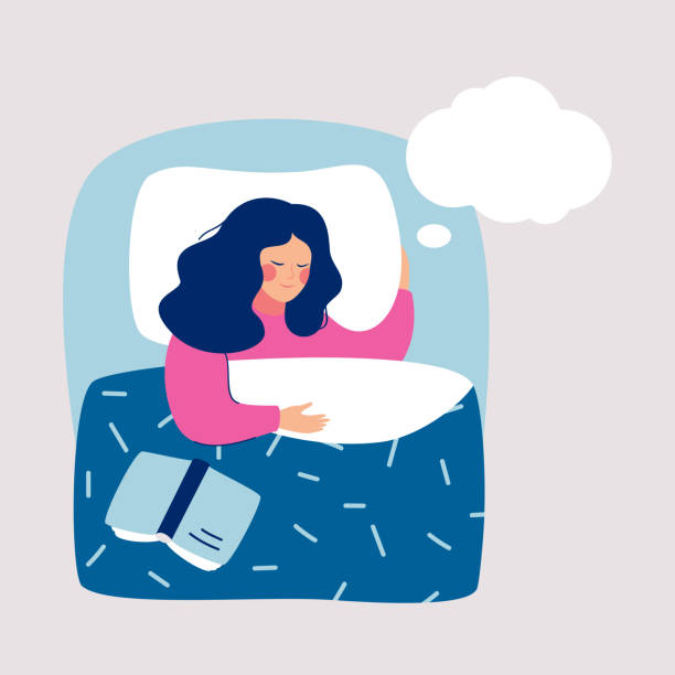 ilustraciones, imágenes clip art, dibujos animados e iconos de stock de mujer durmiendo por la noche en su cama y ve sueño, en la burbuja del habla. - sleeping