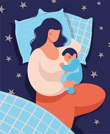 A woman sleeps with her newborn baby at night in bed. Conceptual illustration of breastfeeding, safe sleep with the baby, motherhood, care and relaxation. Flat vector illustration.