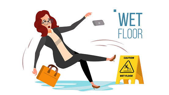 Woman Slips On Wet Floor Vector. Modern Business Woman In Office. Danger Situation. In Action. Clean Wet Floor. Isolated Flat Cartoon Character Illustration