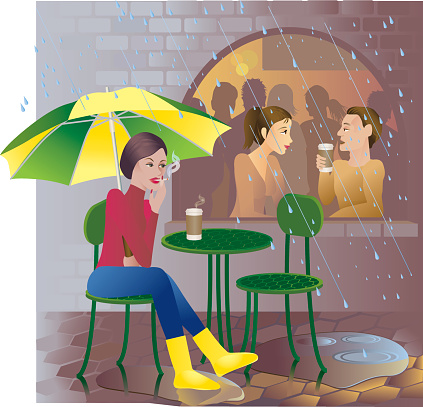 Woman Smoking and Sitting Outside Cafe in Rain