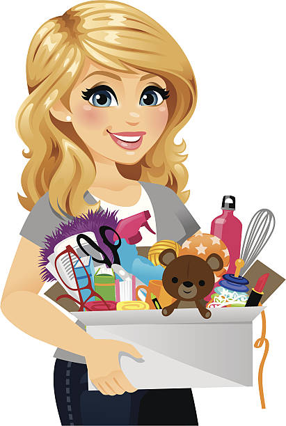 Woman Spring Cleaning A woman spring cleaning. In the box are a mix of children's toys, household items, and cleaning supplies, etc. She could also be moving or just organizing.  heyheydesigns stock illustrations