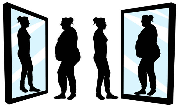 Woman stands in front of a mirror and sees a reflection. Fat and thin girl. Inferiority complex. Thick and thin. Silhouette vector illustration Woman stands in front of a mirror and sees a reflection. Fat and thin girl. Inferiority complex. Thick and thin. Silhouette vector illustration dieting illustrations stock illustrations