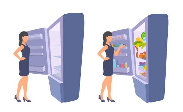 空の冷蔵庫と食べ物で満たされた冷蔵庫の前に女性が立っています。食料品の購入。野菜、果物、飲み物。食料品でいっぱいの冷凍庫。食べ物の買い物。 - 冷蔵庫　中点のイラスト素材／クリップアート素材／マンガ素材／アイコン素材