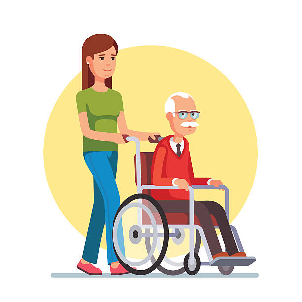 bildbanksillustrationer, clip art samt tecknat material och ikoner med woman strolling with elder man in wheelchair - endast en pensionärsman