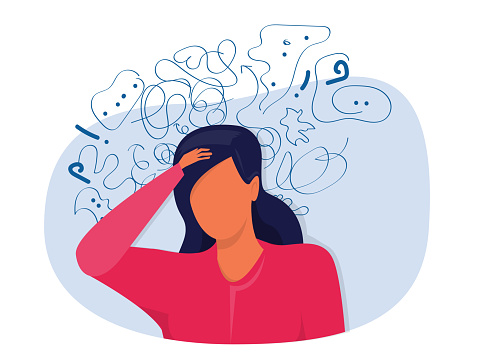 woman suffers from obsessive thoughts; headache; unresolved issues; psychological trauma; depression.Mental stress panic mind disorder illustration Flat vector illustration.
