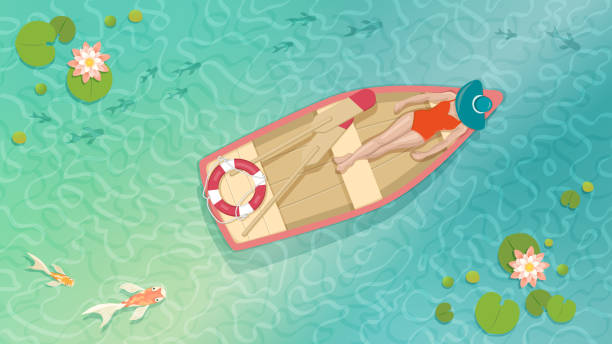 woman sunbathing in a row boat on water, with fish swimming by and lily pads and lotus flowers vector art illustration