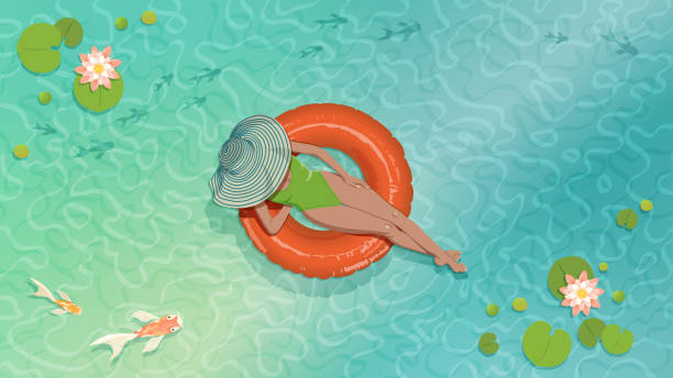 woman sunbathing in a rubber ring on water, with fish swimming by and lily pads and lotus flowers vector art illustration