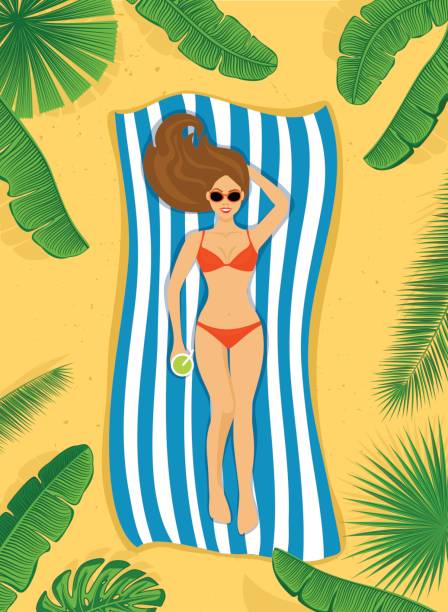 ilustrações de stock, clip art, desenhos animados e ícones de woman sunbathing on a beach under the tropical palms top view - beach towel
