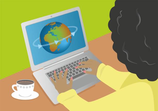 woman surfing all over the world on internet on laptop. vector illustration. - curley cup 幅插畫檔、美工圖案、卡通及圖標