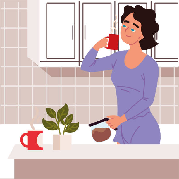 женщина принимает кофе - curley cup stock illustrations