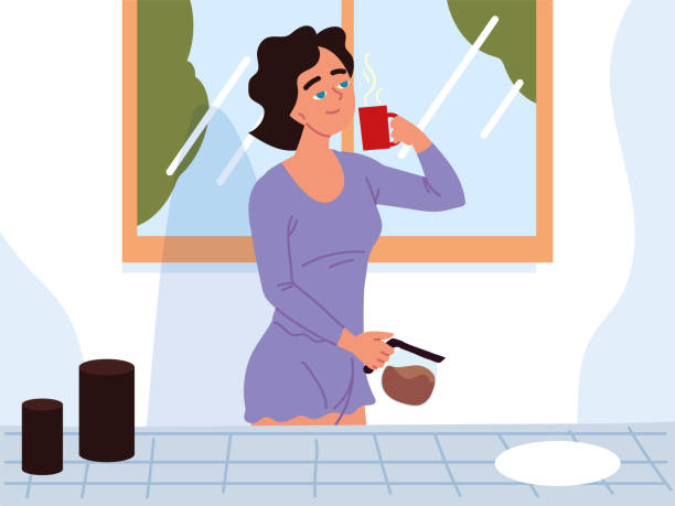 женщина принимает горячий кофе - curley cup stock illustrations