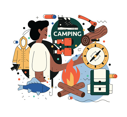 Woman taking nature and fresh air. Equipment icons used in the campsite. Simple and plain narration created with vivid colors. It is a ready-to-use design in many areas.