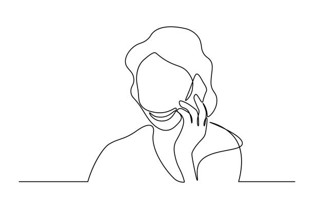 Woman talking on phone Woman talking on mobile phone in continuous line art drawing style. Minimalist black linear sketch isolated on white background. Vector illustration black woman using phone stock illustrations