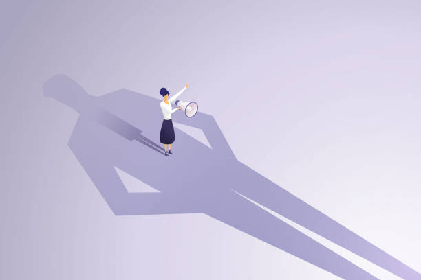 Woman talks into a megaphone against a large man's shadow. Woman talks into a megaphone against a large man's shadow. Feminism speaks out loud, the power of women, the gender gap bias. isometric vector illustration. gender stereotypes stock illustrations