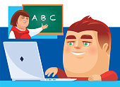 vector illustration of woman teaching kid via internet