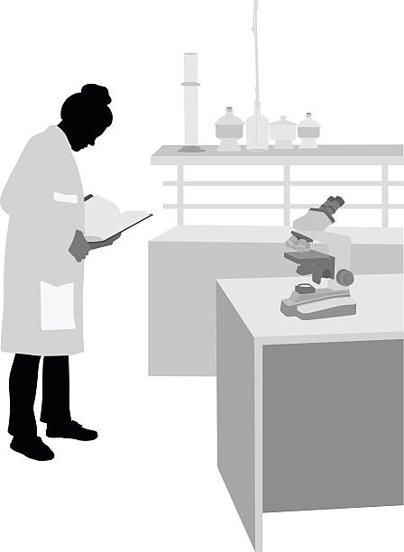 Woman Textbook Scientist A vector silhouette illustration of a young woman scientist reading a textbook standing in her lap with scientific equipment including a microscope and beakers. laboratory silhouettes stock illustrations