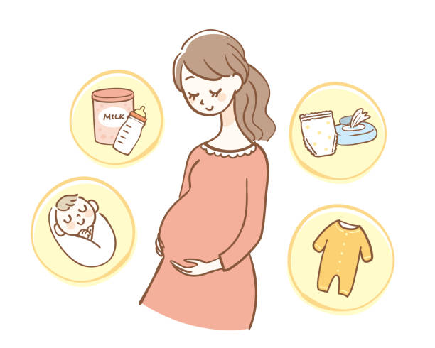 Woman thinking about preparing for childbirth Woman thinking about preparing for childbirth baby formula stock illustrations