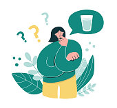 Woman thinks how much water she drinks. Young girl questioning  Intermittent fasting. Oversized woman considers time restricted eating. Intermittent fasting concept. Modern flat cartoon character.