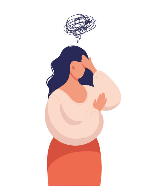 A woman thinks over a problem, suffers from obsessive thoughts, headache, unresolved issues, psychological trauma, depression. Flat vector illustration. A woman thinks over a problem, suffers from obsessive thoughts, headache, unresolved issues, psychological trauma, depression. Flat vector illustration chronic pain stock illustrations