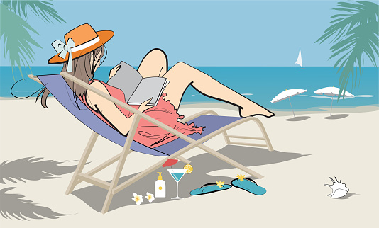 Woman traveler reading on a beach