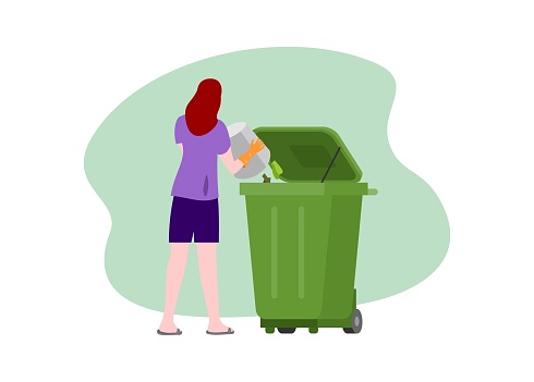 Woman trowing garbage to the garbage bin. Simple flat illustration