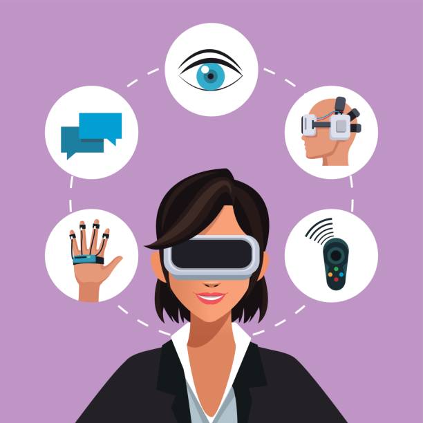bildbanksillustrationer, clip art samt tecknat material och ikoner med kvinna virtuell verklighet glasögon anslutning wearable smart - virtual reality headset