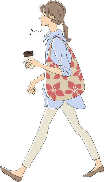 stockillustraties, clipart, cartoons en iconen met een vrouw die terwijl het luisteren aan muziek loopt - walking with coffee