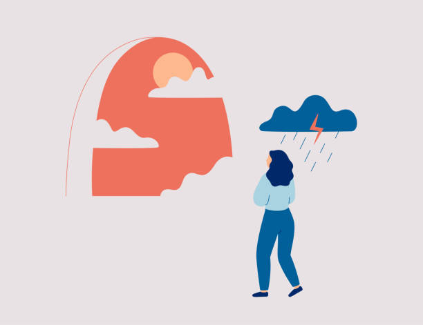 Woman wants to get rid of depression, fights anxiety and stress. Sad female stands under a rainy cloud and looks at the sunlight. vector art illustration