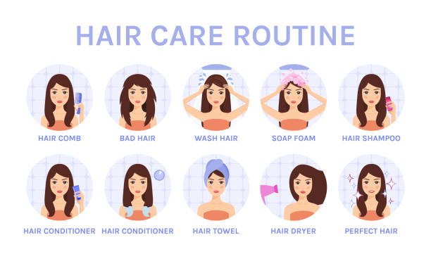stockillustraties, clipart, cartoons en iconen met woman washes hair with shampoo, apply foam, use conditioner. female character use a hairdryer, towel. treatment, health of scalp. flat artoon fashion style. white background. image for beauty design. - woman washing hair